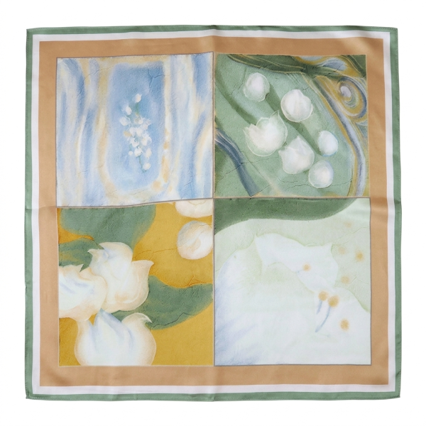 Celadon Green & Camel Abstract Floral Square Silk Scarf