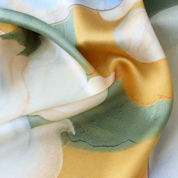 Celadon Green & Camel Abstract Floral Square Silk Scarf